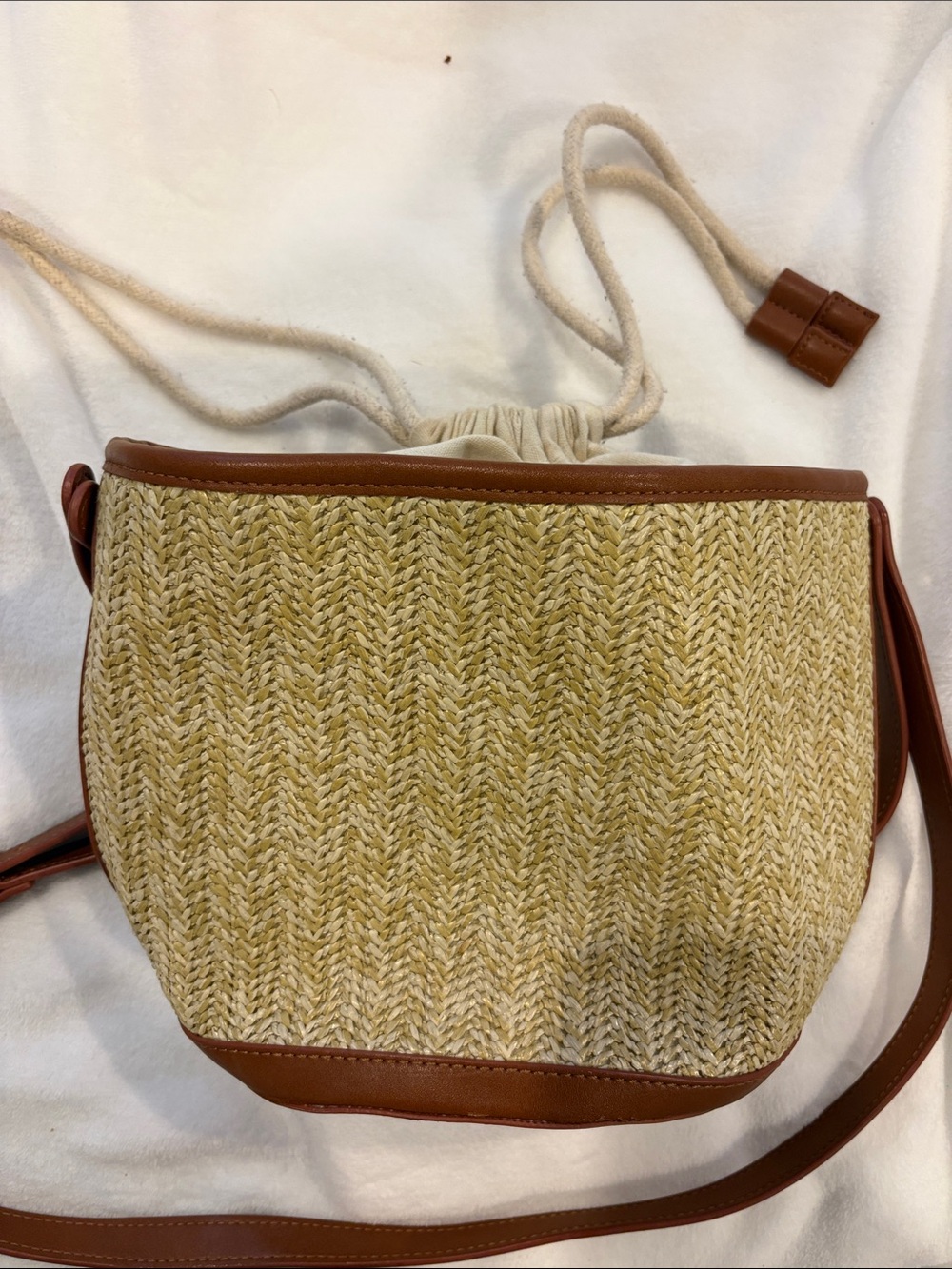 Straw Woven Crossbody Bag with Brown Trim